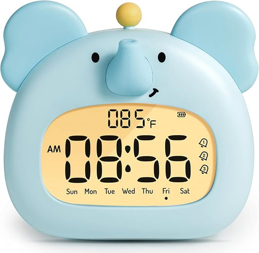 Elephant Alarm Clock for Kids Bedroom, Blue Elephant Animals Clock with Night Light, Adjustable Dimming, 3 Alarms, Loud, Timer, Boys Alarm Clocks Gift