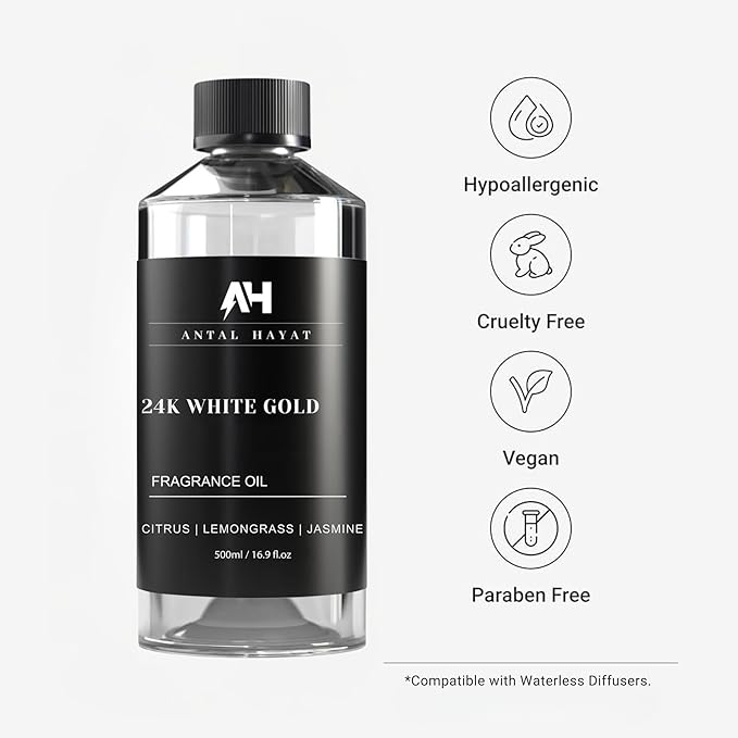 24K Diffuser Essential Oil Scent - Luxury Hotel Inspired Aromatherapy Scent Diffuser Oil - Hints of Zesty Citrus, Floral Jasmine, & Delicate Lily - for Essential Oil Diffusers - 500mL