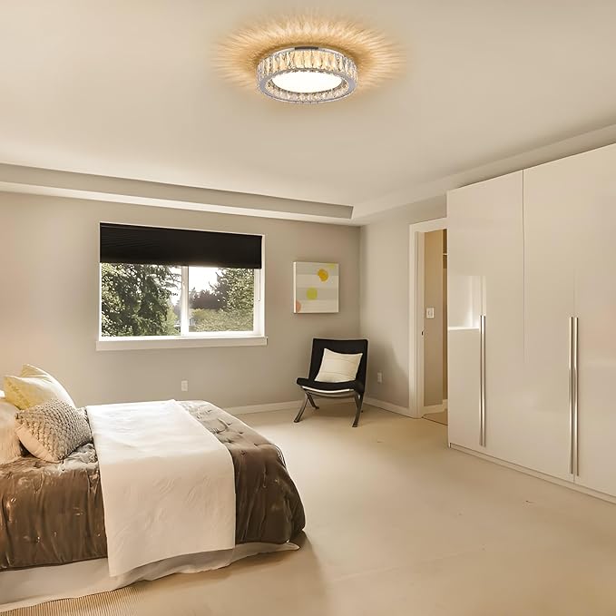 Crystal Chrome Flush Mount Ceiling Light,LED Dimmable 5CCT 3000K-6000K Lighting Fixtures Modern Round 36W Chandelier for Kitchen Entryway Bedroom Dining Room 15 Inch