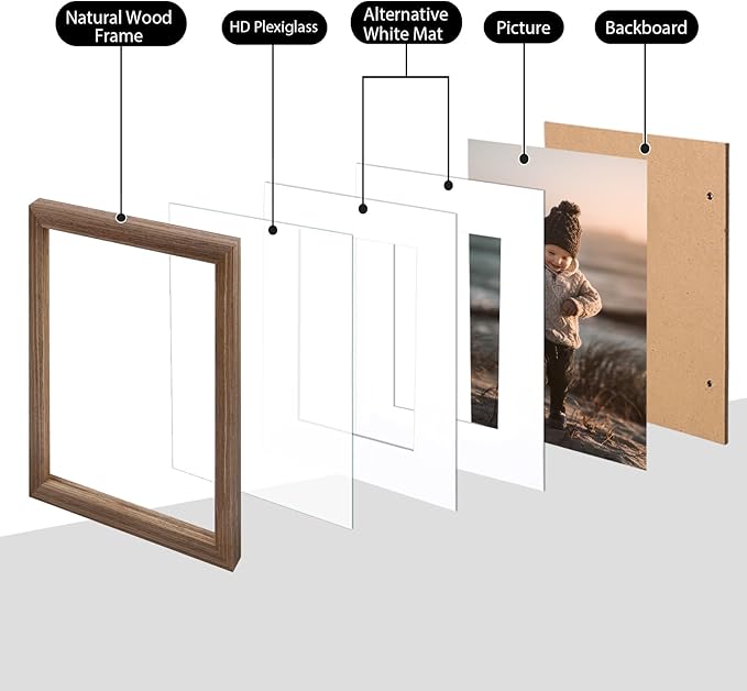KINLINK 11x14 Picture Frame Rustic brown, Solid Wood Frames with Acrylic Plexiglass for Pictures 5x7/8x10 with Mat or 11x14 without Mat, Tabletop and Wall Display, Set of 4