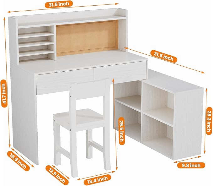 Wooden Kids Desk and Chair Set, 2 Drawers and Remove Storage 4 Cabinets, Children Study Desk with Hutch and Shelves, Boys & Girls Study Desks for Kids Bedroom (White)-Qx0eVu