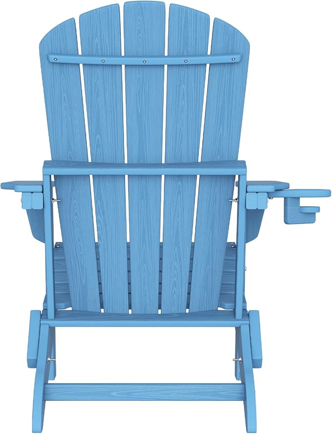 Plawdlik Folding Adirondack Chair Set of 4 with Cup Holder, SGS Tested, HDPE Heavy All-Weather,Wooden Textured,Backyard Fire Pit, Light Blue