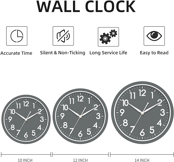 AKCISOT Wall Clock Bathroom 10 Inch Analog Small Wall Clocks Battery Operated - Silent Non Ticking Modern Simple Style Clock Decorative for Kitchen,Bedroom,Home Office,Living Room,School(Gray)