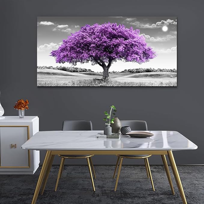 Canvas Wall Art for Living Room Large Wall Decor for Office Modern Bedroom Decorations Purple Tree Landscape Pictures Black and White Paintings Artwork Room Wall Mural Farmhouse Home Decor