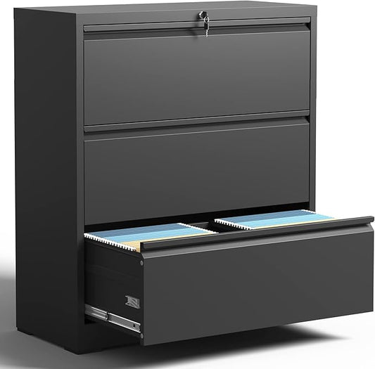 3 Drawer Lateral File Cabinets with Lock,Metal Lateral Filing Cabinet for Home Office,Wide Steel Storage Cabinet Commercial Drawer Cabinets for Legal/Letter/A4 Size Files Assembly Required