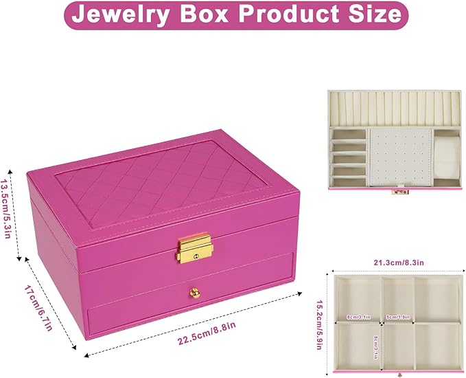 2-Layer Jewelry Box for women, jewelry organizers and storage with Removable Jewelry Tray, vintage quilted top Lockable Jewelry Holder Gift Idea Rose Red