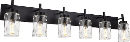 BONLICHT Transitional Bath Vanity Light Fixture 6 Light Black Wall Sconce Bathroom Lighting with Clear Hammered Glass, Industrial Farmhouse Metal Wall Mount Light for Kitchen Living Room Dining Room
