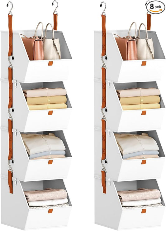 Hanging Closet Organizer 4 Tier - Clothes Hanging Shelves, Space-Saving Closet System, Fabric Storage Bins Bedroom Organization, Collapsible Baskets for Home, Dorm, Rv, White, 2 Pack