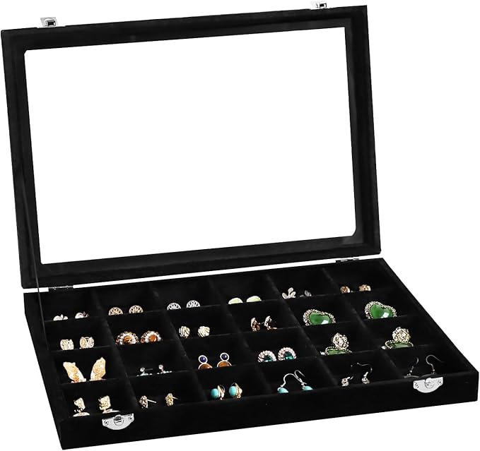 Wudygirl Jewelry Organizer 24 Grid Jewelry Tray with Clear Lid Velvet Jewelry Box Earrings Holder Organizer Jewelry Display Case (Black 24 Grid)