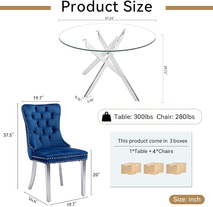 Goujxcy 5 Piece Round Glass Dining Table Set for 4, 47" Round Dining Table & Chair Set Modern Circle Glass Kitchen Table and 4 Velvet Upholstered Chairs for Kitchen Dining (Silver Table & Blue Chair)