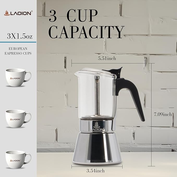 Stovetop Espresso Maker, 3Cup 160ml Moka Pot, Crystal Glass-top & Stainless Steel Coffee Maker Mocha Pot, Greca De Cafe, Cuban and Italian Coffee Maker for Cafetera Cubana