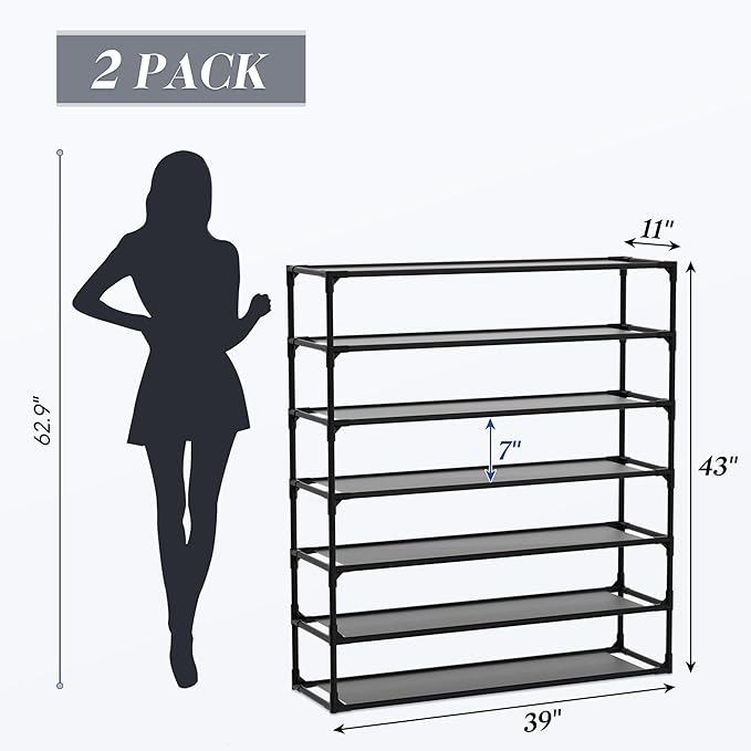 TY ARTS & CULTURE 2 Pack 7-Tiers Shoe Rack Organizer, Sturdy Metal Pipes & Durable Non-Woven Fabric, Space Saving Tall Shoe Shelf Hold 56-70 Pairs, Shoe Rack for Entryway (Black)