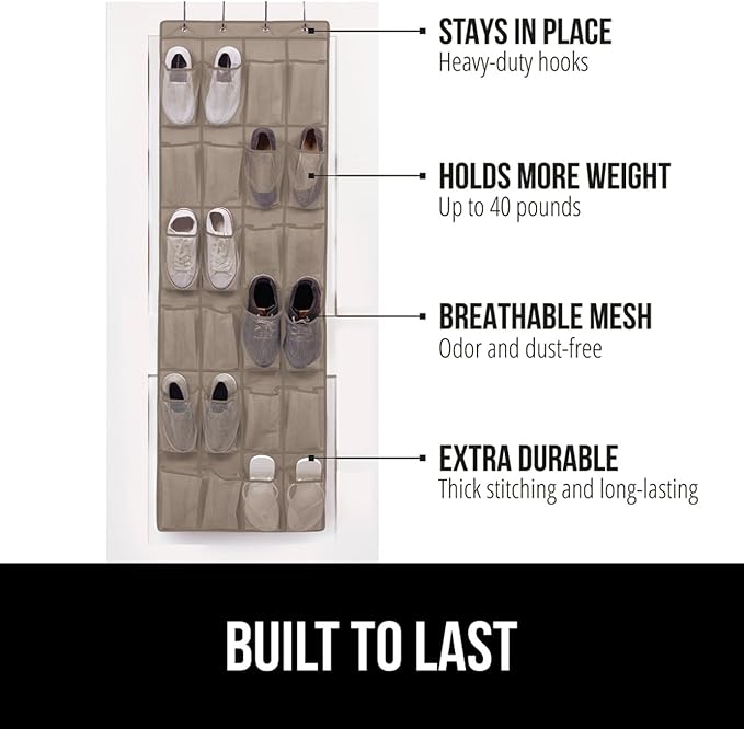 GORILLA GRIP Over the Door Shoe Organizer, 24 Large Breathable Mesh Pockets, Space Saving Hanging Storage Holder, Closet Rack Hanger Holds Up to 40 lbs, Hangs on Closets for Shoes, Accessories, Beige