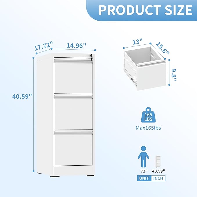 AQY 3 Drawer File Cabinet with Lock, White Metal Filing Cabinets for Home Office, 18" Deep Vertical Storage File Cabinets for Hanging A4/Letter/Legal Size Files, Assembly Require
