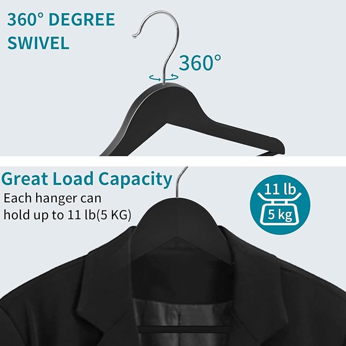 20 Pack Wooden Coat Hangers, 360° Swivel Hook, Suit Hangers with Anti-Slip Notches, Clothes Hangers for Jackets, Shirts, Dress, Black UAWY0520B