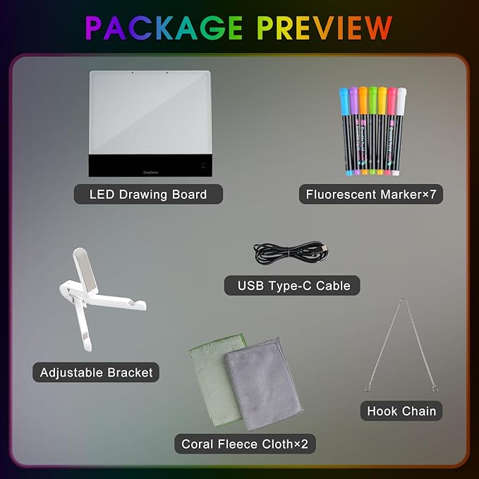 LED Drawing Board for Kids - Doodle Glow Note Board with Colors | Rechargeable Acrylic Dry Erase Board with Light & Touch Switch | 5H Battery, Glow Writing Pad for Toddlers & Artists