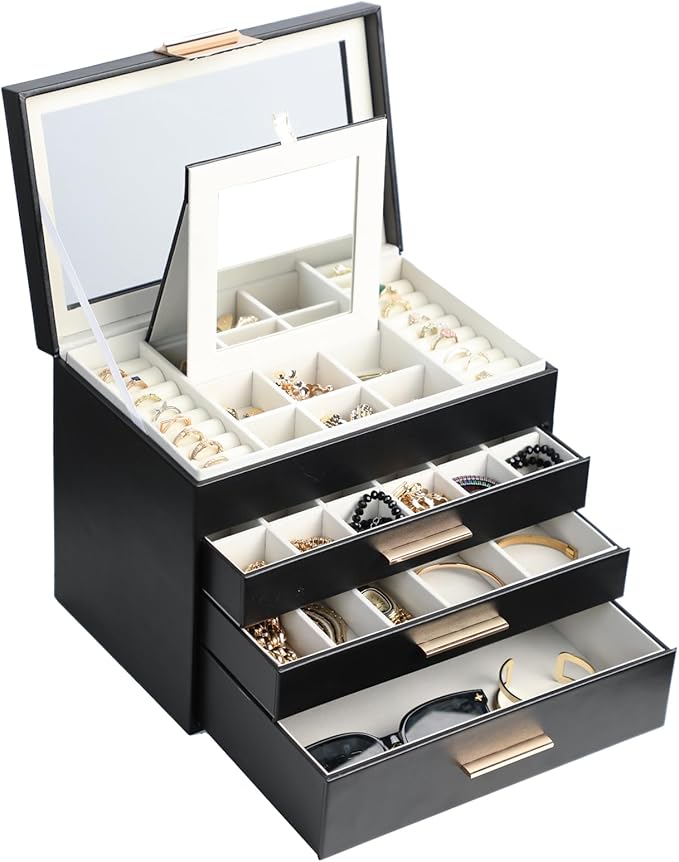 BOOVO Jewelry Boxes for Women, White and Black 4 Layer Large Jewelry Box for Necklace, Bracelet, Earrings, Rings Storage, Jewelry holder Organizer for Girls Gift (Clear Black, 4 layer)