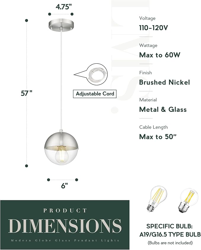 LMS 6-inch Industrial Pendant Light, Brushed Nickel Hanging Light Kitchen Island with Clear Globe Glass, Adjustable Hanging Pendant Light Fixtures for Dining Room Living Room Guest Room, LMS-186BNCS