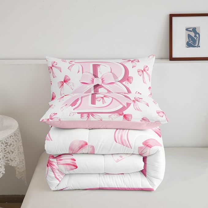 jejeloiu Kids Girls Cute Pink Bow Comforter Set Toddler Size Personalized Initial B Bedding Set Ultra Soft Monogrammed Duvet Quilt Coquette Bow Knot Quilt Set Room Decor Modern Fashion Comforter
