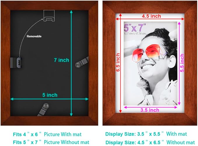 RPJC 5x7 inch Picture Frame Made of Solid Wood and High Definition Glass Display Pictures 4x6 with Mat or 5x7 Without Mat for Wall Mounting Photo Frame Brown