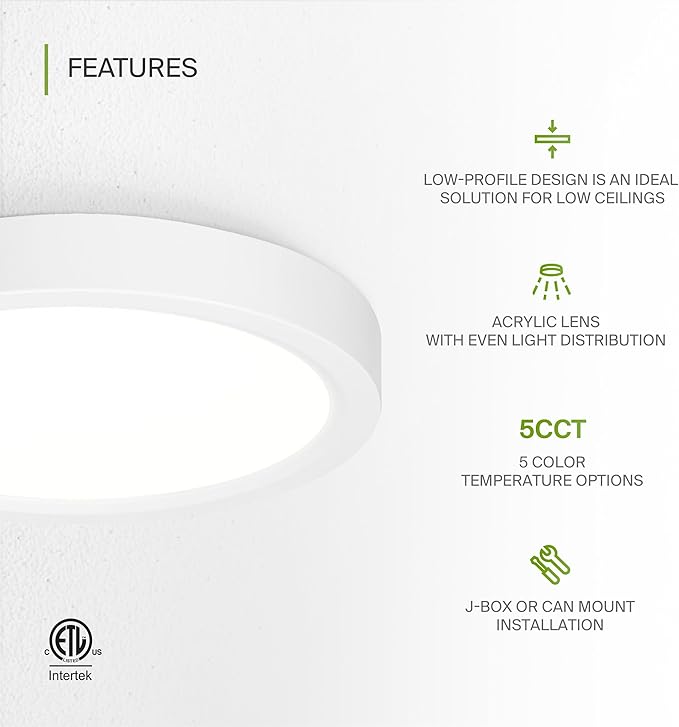 ASD LED 7" Round Flush Mount Ceiling Light Fixture, Low Profile Surface Lighting | 5CCT, Dimmable, Ultra-Thin, ETL Listed | 15W 1260LM 2700-6000K 120V | Kitchen, Bedroom, Hallway Lamp | White, 12 Pack