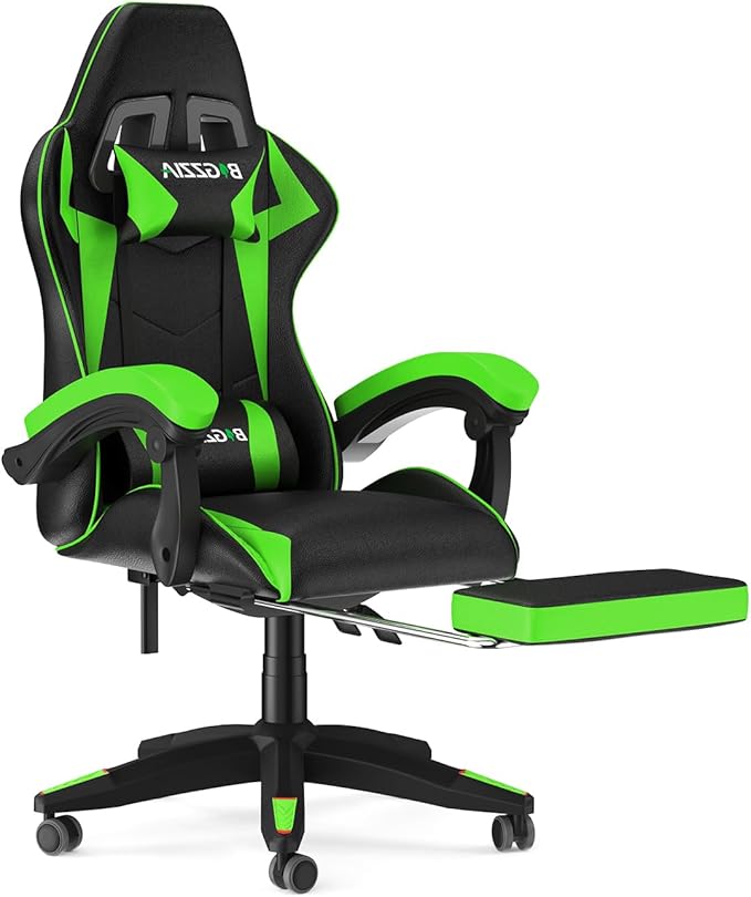 Gaming Chair with Footrest, High Back Ergonomic Computer Gamer Chair with Headrest and Lumbar Support, Racing Style Reclining Game Chair for Adults, Kids (Green-Black)