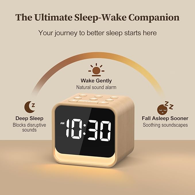 Housbay Wooden Sound Machine Alarm Clock for Bedrooms - Gentle Wake-Up with Birdsong, White Noise for Sleeping, Small Digital Clock for Phone-Free Routine - Maple Wood