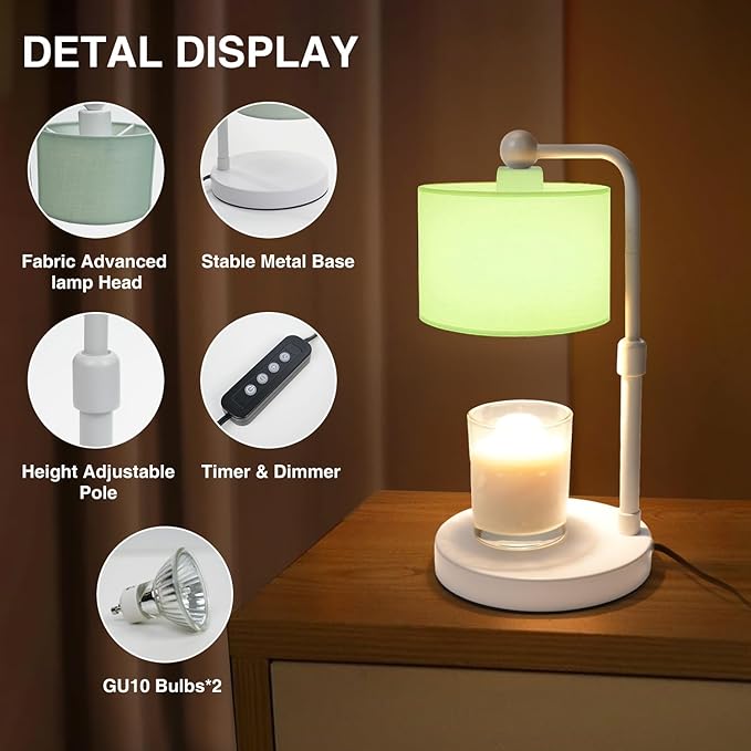 Candle Warmer Lamp with Timer, Dimmable Candle Wax Warmer, Height Adjustable Electric Candle Lamp Warmer with 2 Bulbs, Gifts Idea for Women Her, Mom, Vintage Home Decor for Bedroom-Mint Green