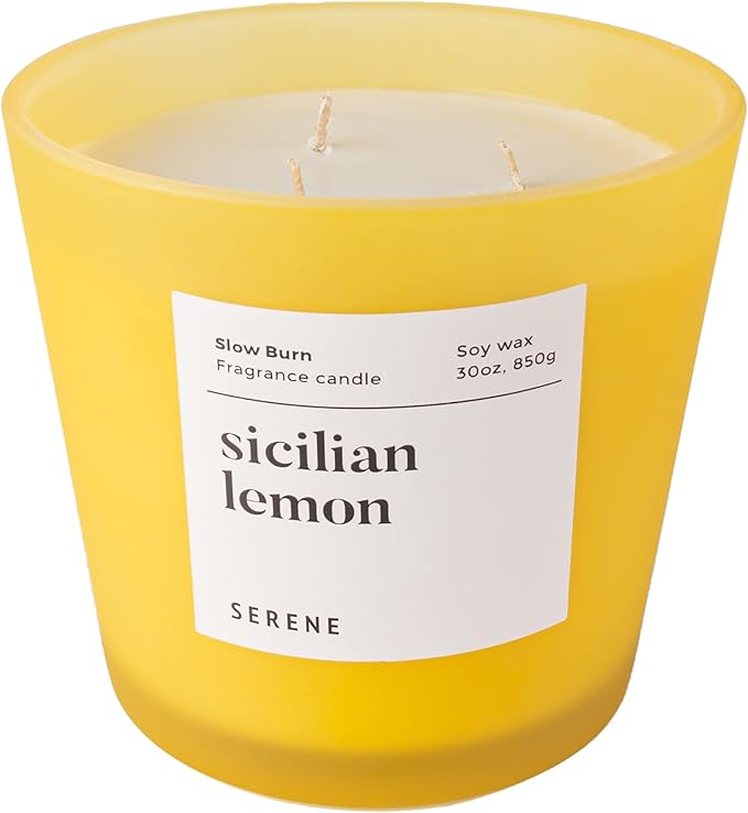 Hidden Label Large Scented Candle, Sicilian Lemon, 30oz 3 Wick Huge Candle, Serene Collection Slow Burn Natural Soy Candles for Home Scented