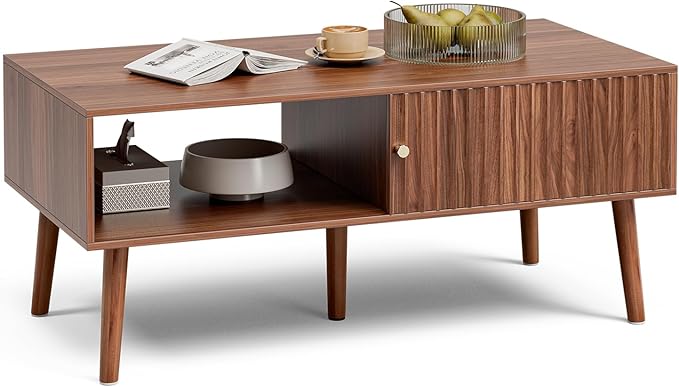 Coffee Table with Storage, Mid Century Dining Table with Sliding Fluted Door and Solid Wood Legs, Small Coffee Tables for Living Room, Walnut