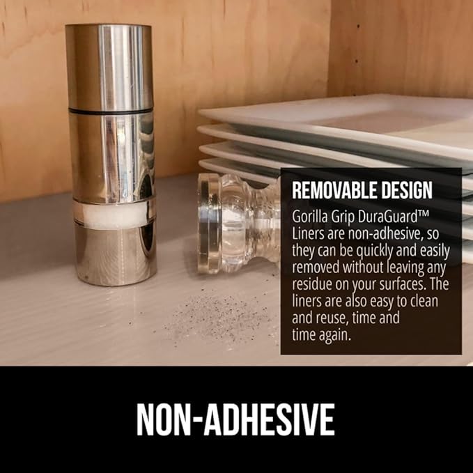 GORILLA GRIP DuraGuard Shelf Liner, Non-Adhesive Cabinet Liners for Kitchen Drawers, Shelves, Refrigerator, Pantry Storage, Bathroom Closet, Durable Waterproof BPA Free Ribbed Plastic, 12x10 Beige