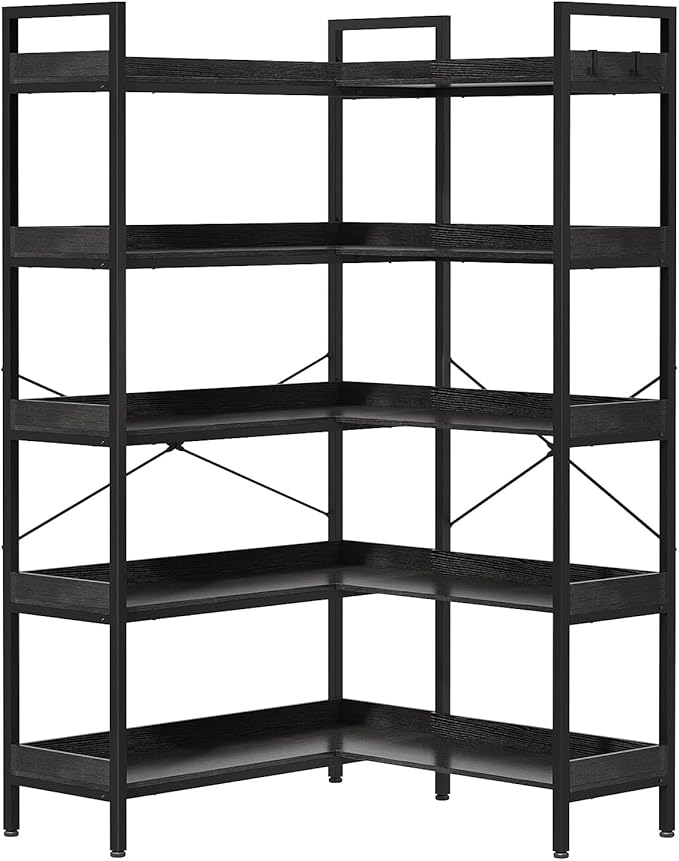 KOUSEI 5-Tier L-Shaped Reversible Corner Bookshelf, 65" Black Industrial Wood & Metal Bookcase, Wide Open Shelves + 4 Hooks for Living Room/Bedroom/Home Office