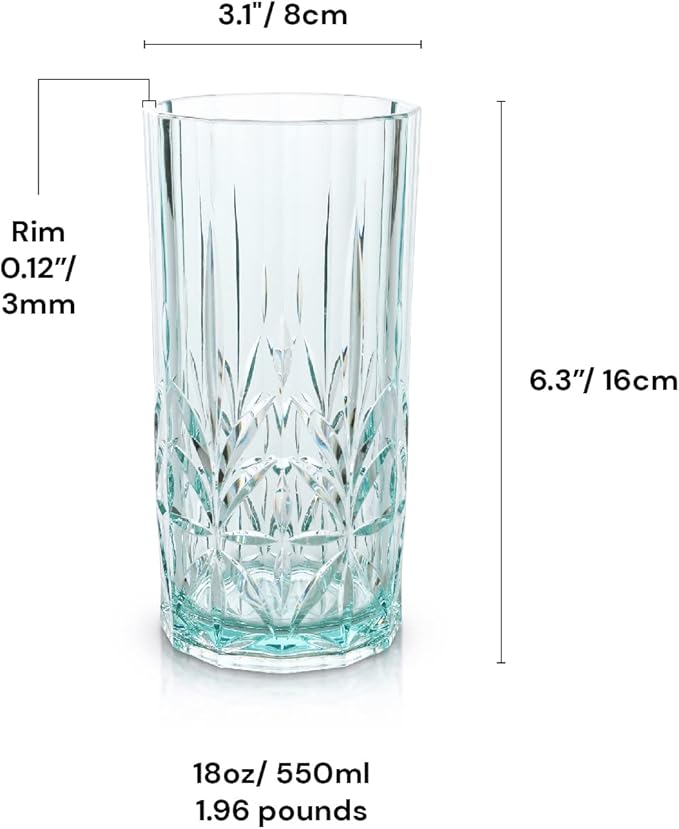 BELLAFORTE Shatterproof Tritan Plastic Tall Tumbler, Set of 4, 18oz - Myrtle Beach Drinking Glasses - Unbreakable Drinking Glasses for Parties - BPA Free - Teal