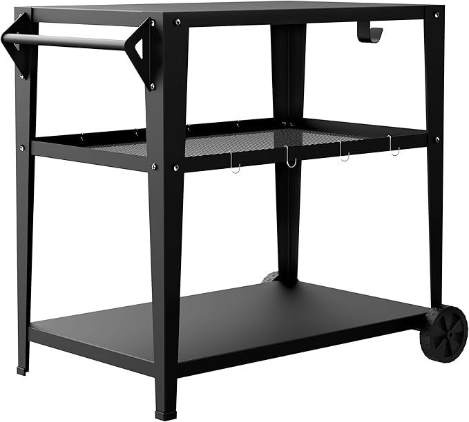 3-Shelf Outdoor Grill Table & Pizza Oven Cart with Wheels, Stainless Steel BBQ Prep Table with Hooks, Mobile Grill Stand for Blackstone (Black)