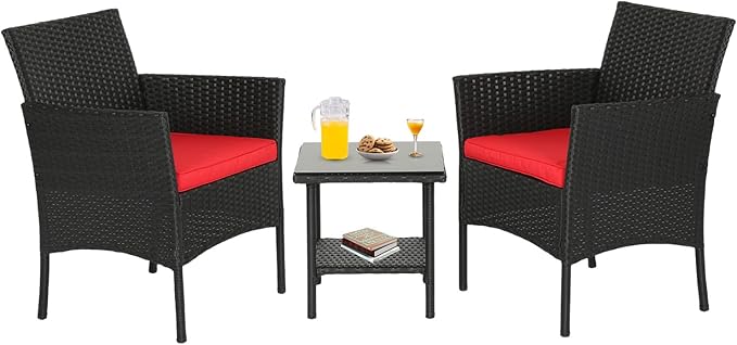 FDW | 3-Piece Patio Furniture Set | Black & Red | Outdoor Wicker Furniture with Coffee Table | Modern Rattan Chairs Conversation Set | Outdoor Seating | Weather-Resistant | for Porch, Garden, Lawn