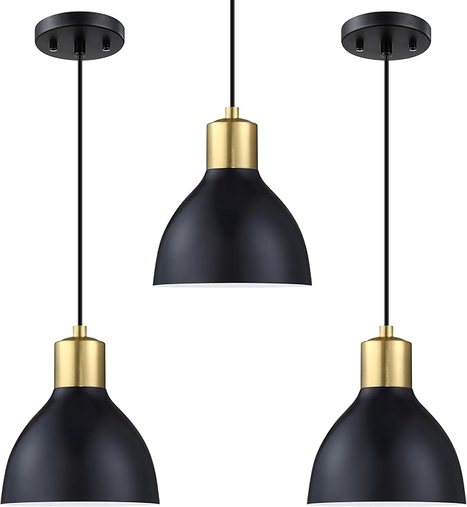 3 Pack 1 Light Industrial Hanging Indoor 7.3" Kitchen Island Black Pendant Ceiling Light Fixtures Brushed Bronze Finish,Drum Metal Shade for Bar Dining Room Living Room Over Sink