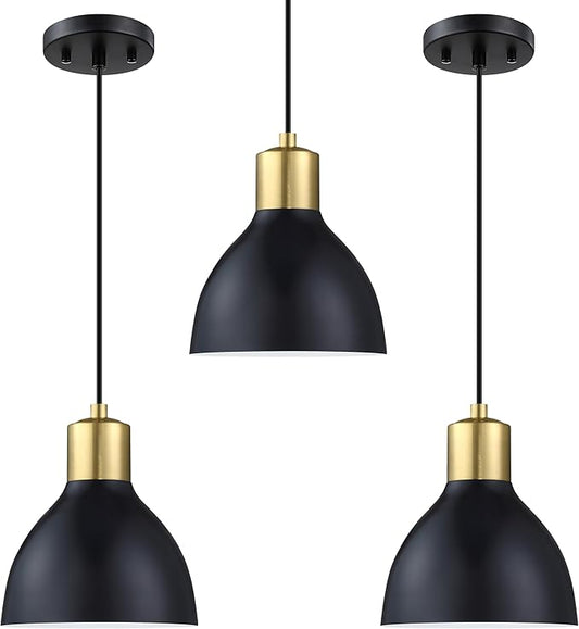 3 Pack 1 Light Industrial Hanging Indoor 7.3" Kitchen Island Black Pendant Ceiling Light Fixtures Brushed Bronze Finish,Drum Metal Shade for Bar Dining Room Living Room Over Sink