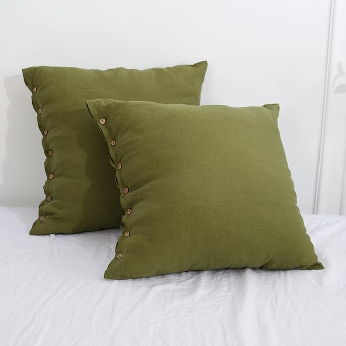 Simple&Opulence 100% Washed Linen Euro Sham Cover, 26 x 26 Inch, Decorative Bed Pillow Cover with Coconut Button, Solid Color Pillow Shams Set of 2 (Olive Green)