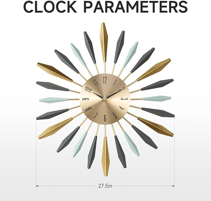 Mid Century Modern Wall Clock, Large Metal Decorative Clock Silent Battery Operated, Colorful Sunburst Starburst 28 Inch Wall Clocks for Living Room Kitchen Bedroom Office