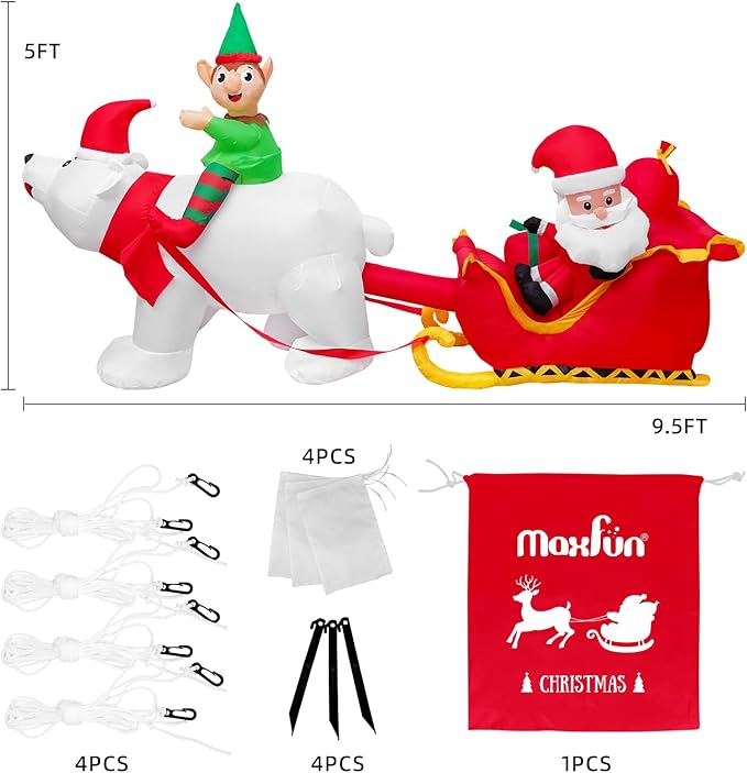 Max Fun 9.5Ft Christmas Inflatables Outdoors Decorations Santa Claus on Sleigh LEDs Build-in Blow Up Christmas Yard Inflatable Decoration for Outdoor Indoor Garden Lawn
