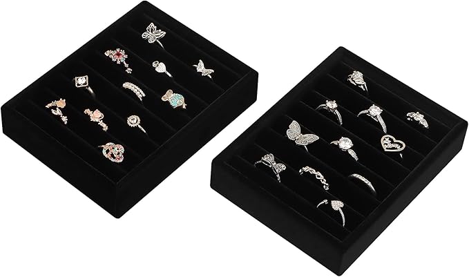 Small Jewelry Tray-Ring Organizer 2PCS Premium Velvet Rings Earrings Display Tray Storage Insert Holder for Jewelry Box, Drawer, Dresser (8 Slots, Black)