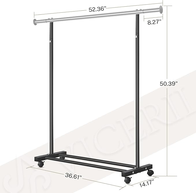 Clothes Rack, 130LB Capacity Heavy Duty Clothing Rack with Wheels and Bottom Shelf, 52.17 Inch Rolling Racks for Hanging Clothes, Coats, Shirts, Sweaters, Skirts, Dress, Black