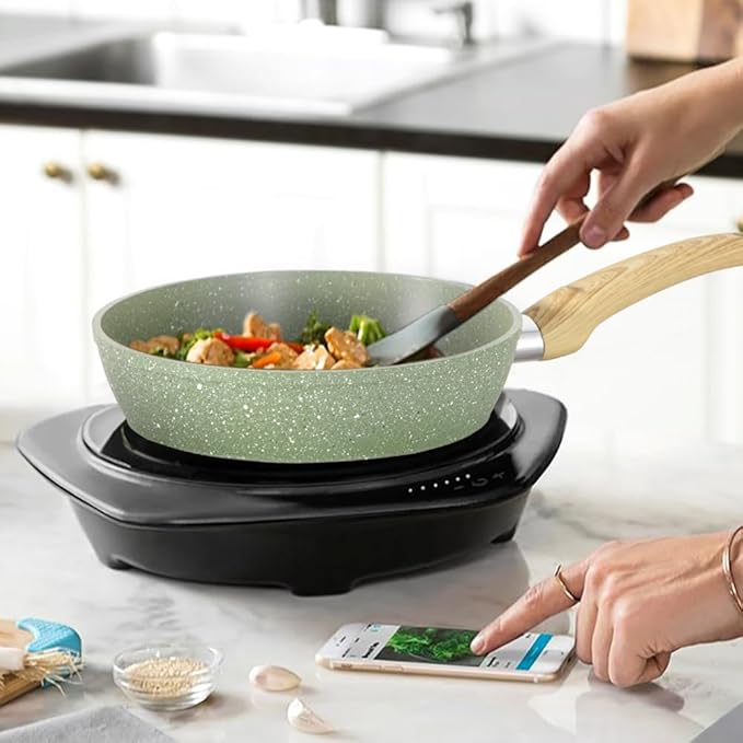 DishDelight Induction Pots and Pans Set Non Stick, 12 Piece Nonstick Induction Granite Kitchen Cookware Sets, Induction Cookware Frying Pans and Saucepan Set, Nonstick Granite Cooking Set, Green