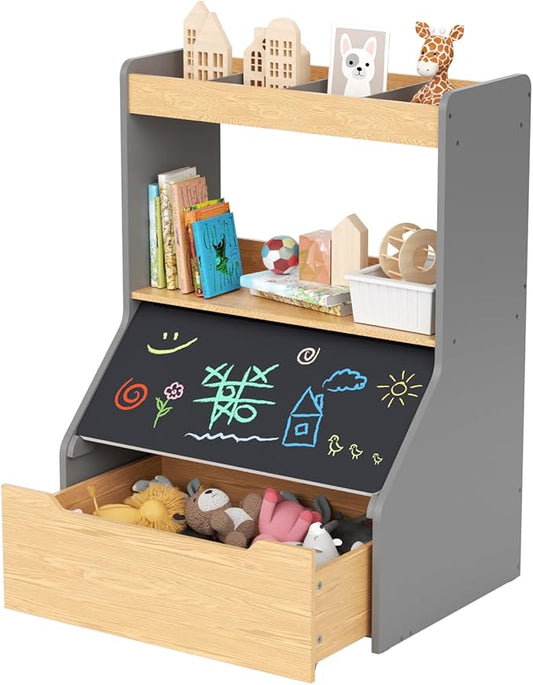 KORIMEFA 37.4" Tall Toy Box & Chalkboard Lid Wood Toddler Bookcase and Kid Toy Storage Bin & Organizer, Gray