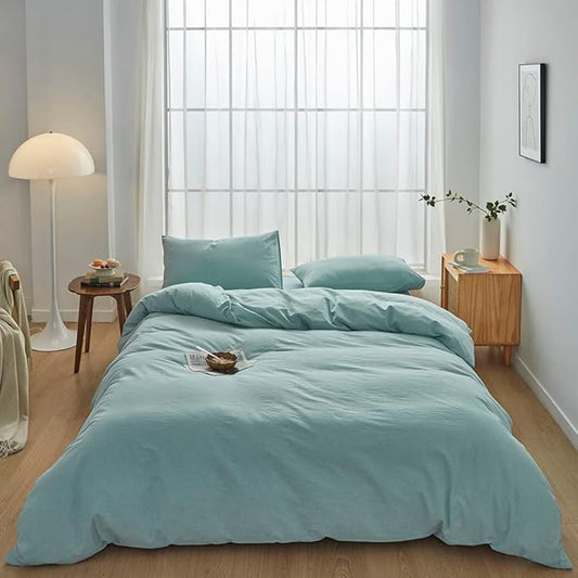 FACE TWO FACE Bedding Duvet Cover Set100% Washed Cotton Duvet Cover Linen Like Textured Breathable Durable Soft Comfy (Queen, Dusty Blue)