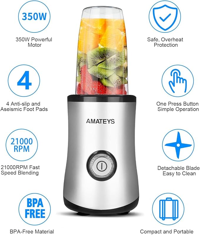 Personal Blender with Button,350W Professional Kitchen Blender for Smoothies and Shakes,Portable Smoothie Maker Mixer,Easy Cleaning&Operation,Suitable for Carrying or Storage