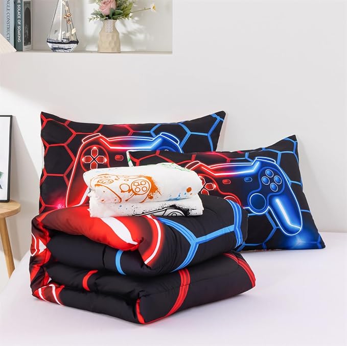 NTBED Game Console Comforter Set for Boys Girls Kids 3D Gaming Geometric Lightweight Microfiber Gamer Bedding Sets (Red Blue, Twin 5Pcs)