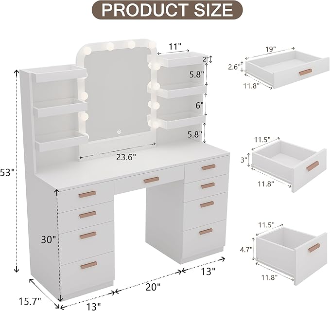 Makeup Vanity with Mirror and LED Lights, Vanity Desk Table with 9 Drawers, 6 Storage Shelves with Protect Panel, Power Outlet and 3 Color Modes Available for Bedroom Dressing Room, White