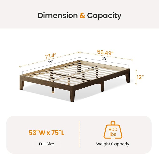 Full Size Wood Platform Bed Frame, 12 Inch Solid Wood Bed Frame with Wooden Slats, No Box Spring Needed, Easy Assembly,Espresso