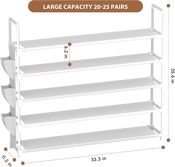 5 Tier Shoe Organizer, 33.3in Wide x 11.2in Deep x 35.6in Tall, Black Metal and Plastic Shoe Rack with Side Bag, Holds 20-25 Pairs of Shoes